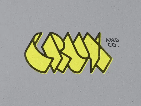 CRUX hand-lettered yellow logotype with 'AND CO.' stamp