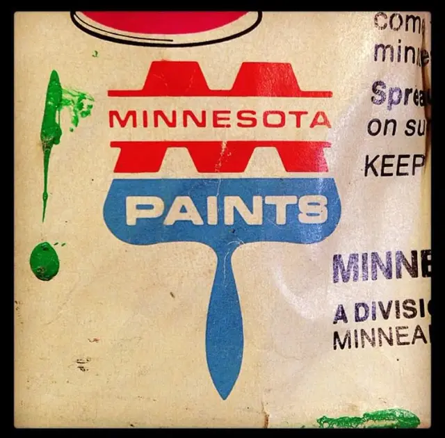 Vintage Minnesota Paints label — red & blue paintbrush logo on aged paper