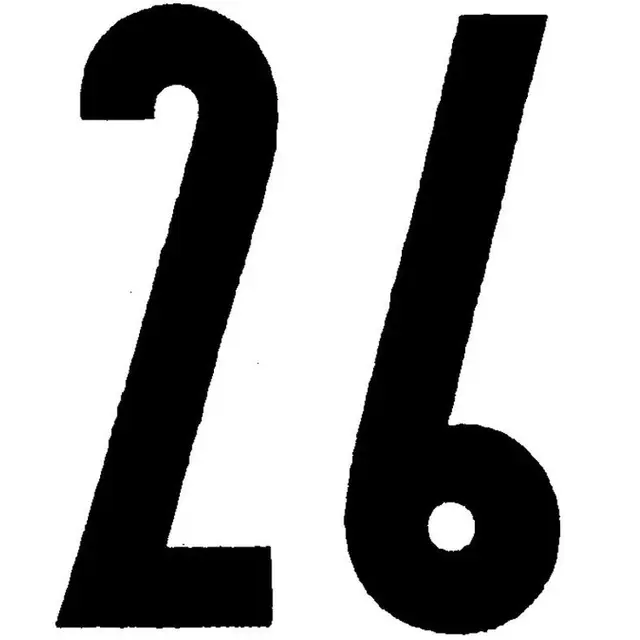 Bold black numerals “26” on white background