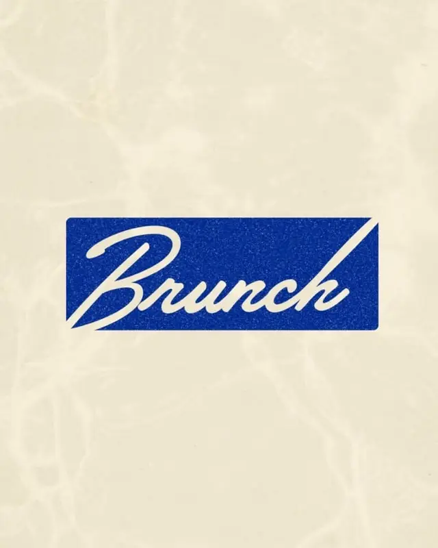 Retro script wordmark "Brunch" on blue badge