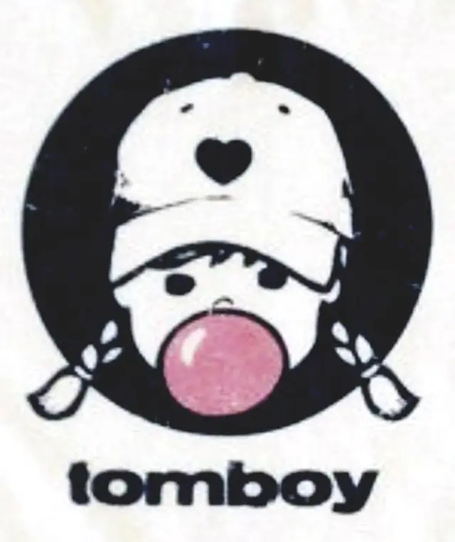 Tomboy logo — girl in cap blowing pink bubble gum