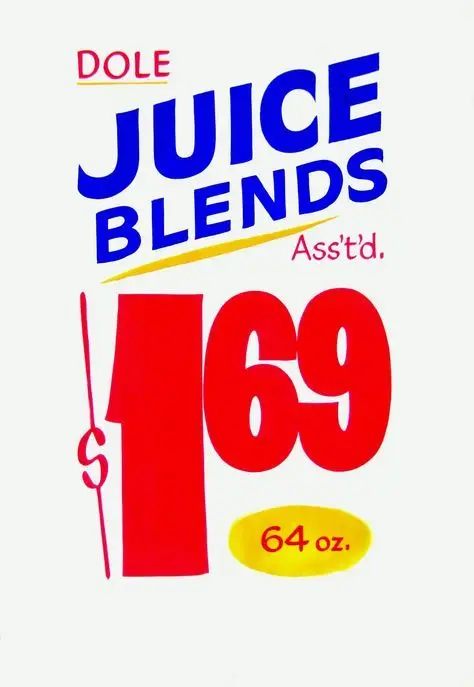 Vintage DOLE Juice Blends supermarket price sign — 64 oz for $1.69