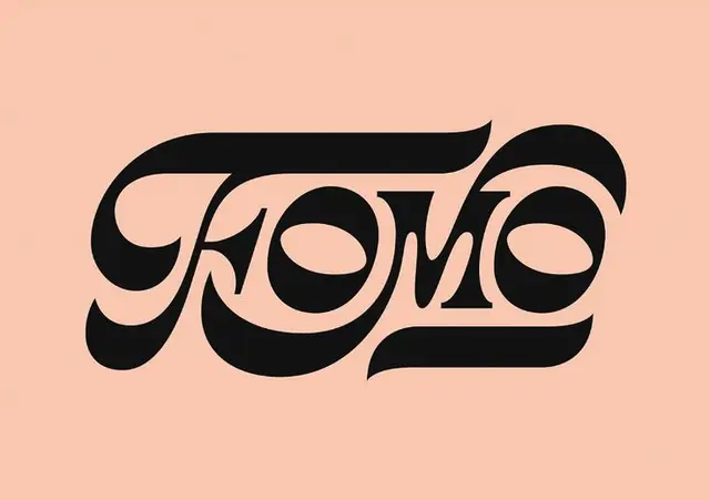 Bold black "FOMO" swash wordmark on peach background