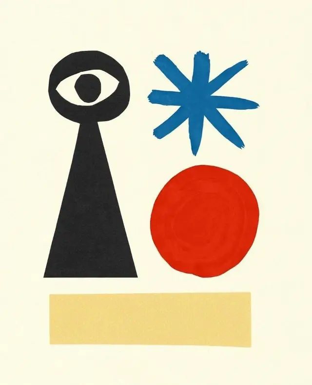 Minimal Abstract Collage: Eye-Triangle, Blue Starburst, Red Disc, Beige Bar