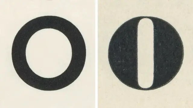 Typographic study — black ring and disk with vertical counterform (vintage print)