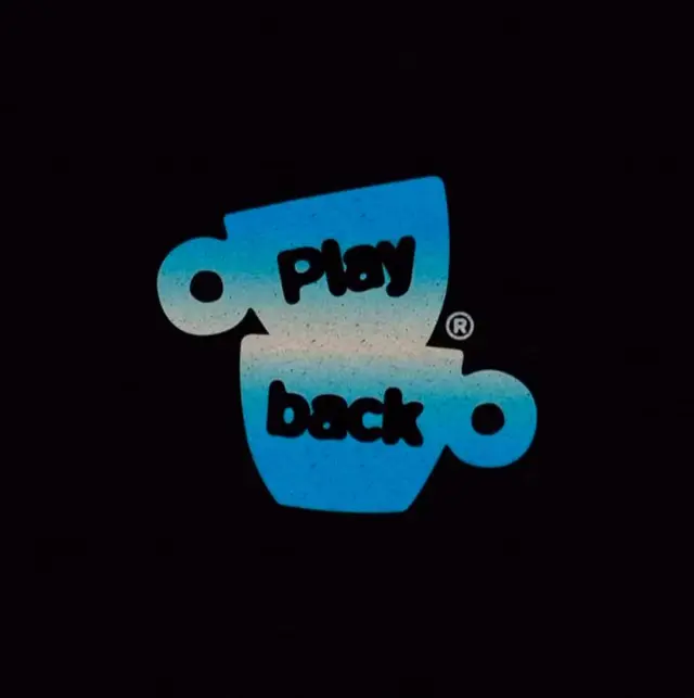 Blue gradient "play back" cup logo on black background