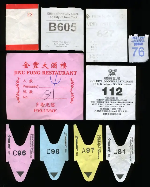 Chinatown restaurant waitlist and take-a-number ticket collage (Jing Fong, Golden Unicorn,
