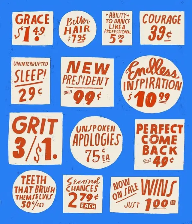 Hand-lettered price tags selling intangible traits on blue background