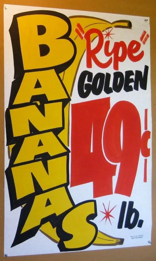 Vintage hand-lettered produce sign: "Bananas 49¢ lb."