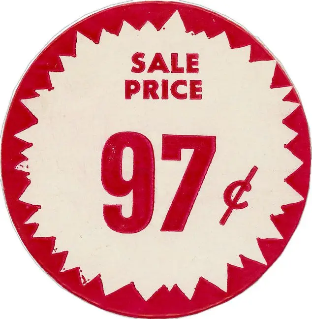 Vintage 97¢ sale price sticker — red starburst die-cut