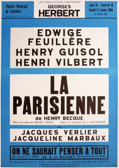 1954 Théâtre Municipal de Lausanne poster — La Parisienne by Henry Becque