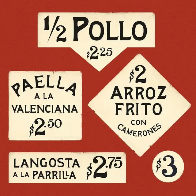 Vintage Spanish menu tiles — Paella, Arroz Frito, Langosta, 1/2 Pollo