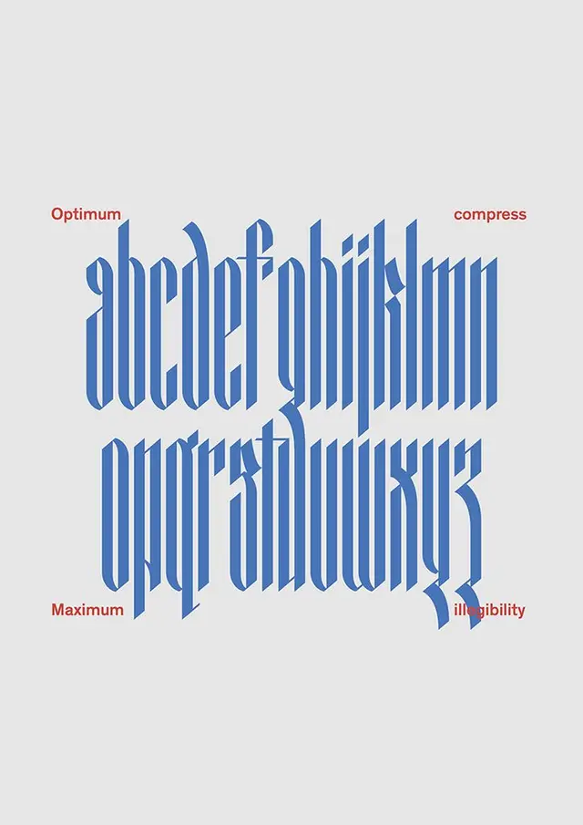 Condensed blue blackletter lowercase alphabet poster