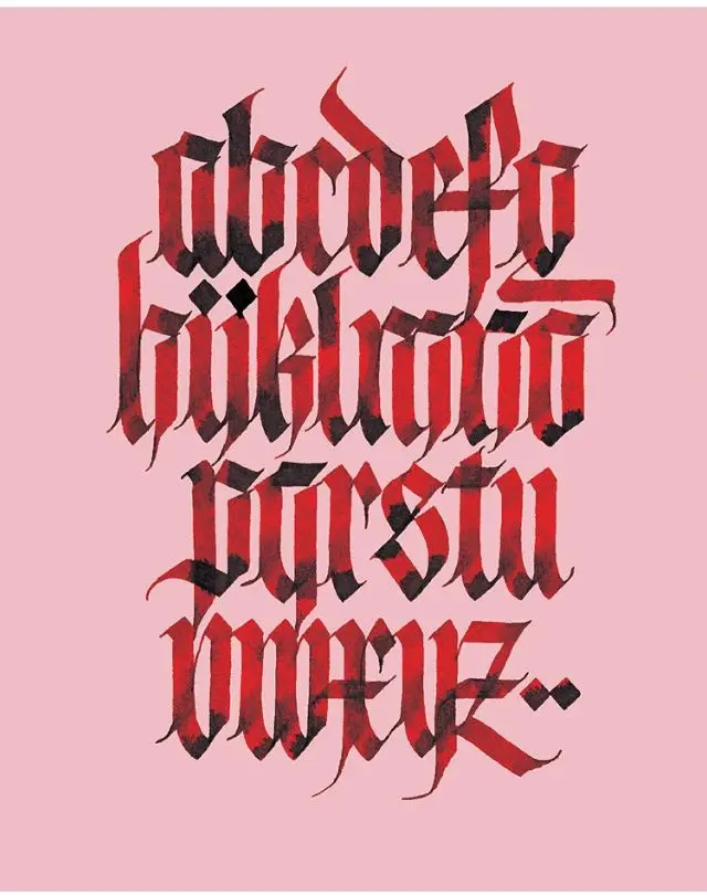 Red-and-Black Blackletter Lowercase Alphabet on Pale Pink