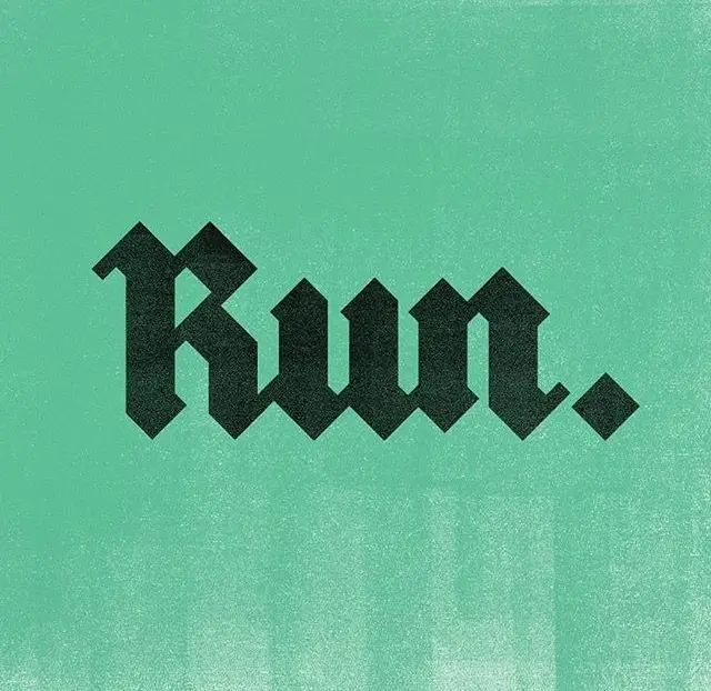 Blackletter "Run." wordmark on textured mint-green background