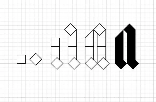 Modular blackletter ‘n’ construction on graph paper — step-by-step diagram