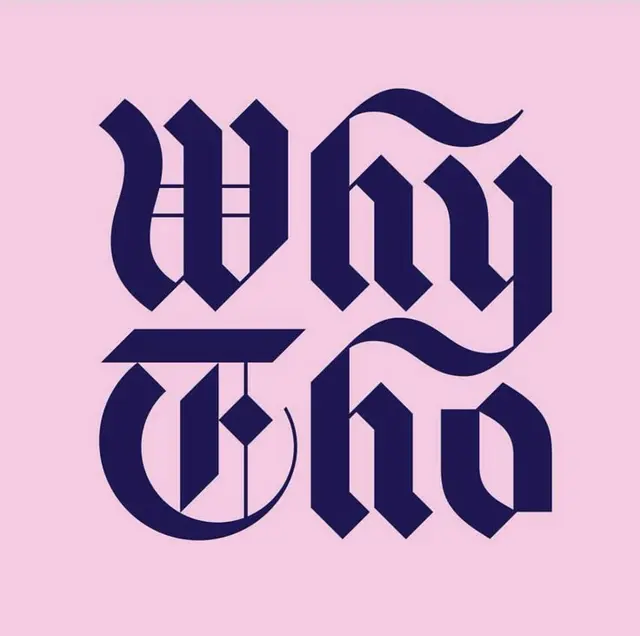 Blackletter typographic square reading 'Why Tho' on pastel pink