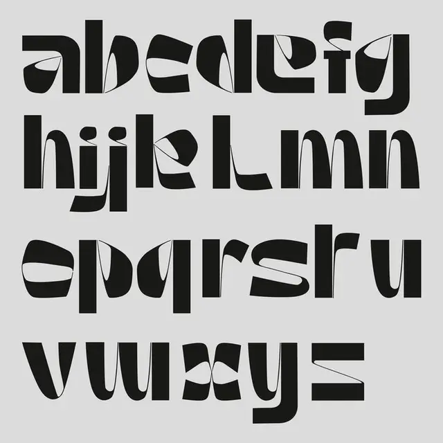 Geometric lowercase type specimen poster with negative-space cutouts