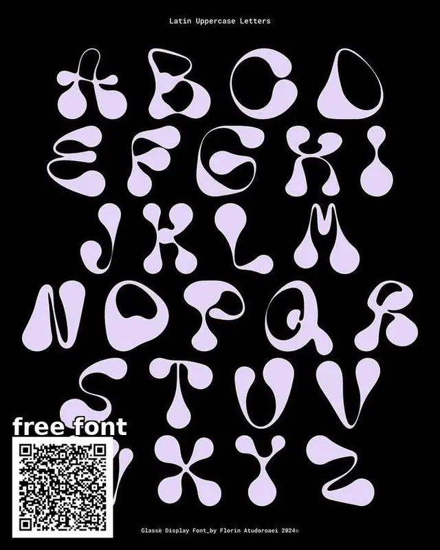 Glasse Display — experimental droplet uppercase font specimen (pale lavender on black)