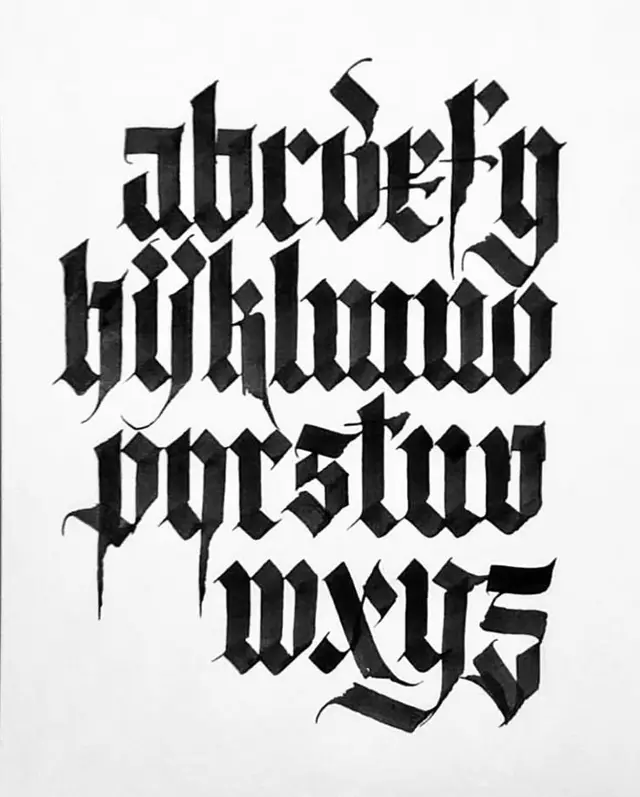 Blackletter calligraphy lowercase alphabet — black ink on white paper