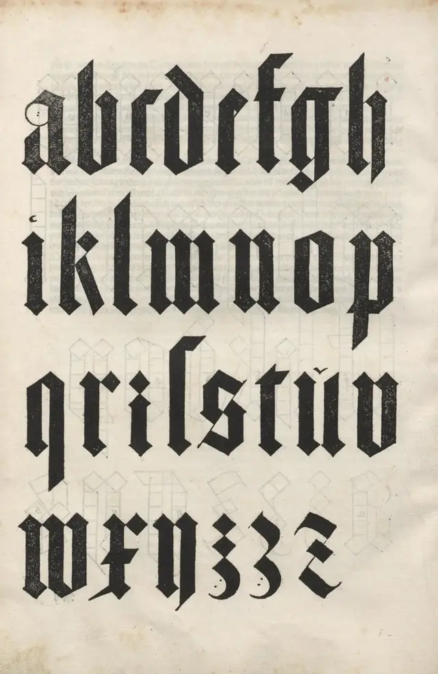 Blackletter lowercase alphabet specimen on aged paper
