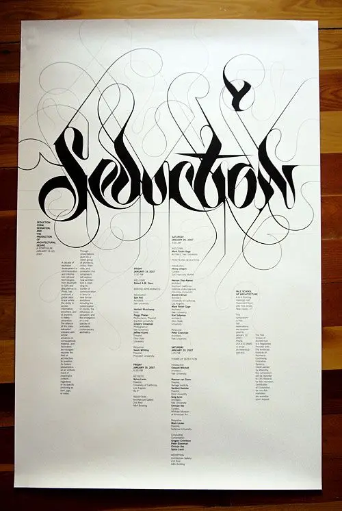 Ornamental calligraphic poster with large script heading and columned program text