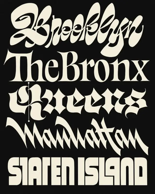 NYC boroughs typographic poster — five display typefaces