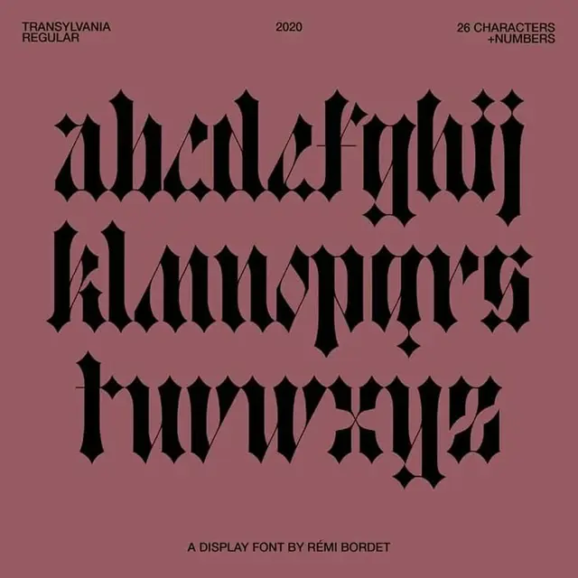 Transylvania Regular — blackletter display font specimen (2020)