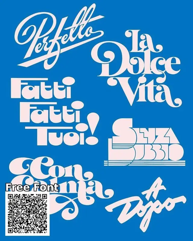 Retro blue poster showcasing multiple pink display fonts with Italian phrases