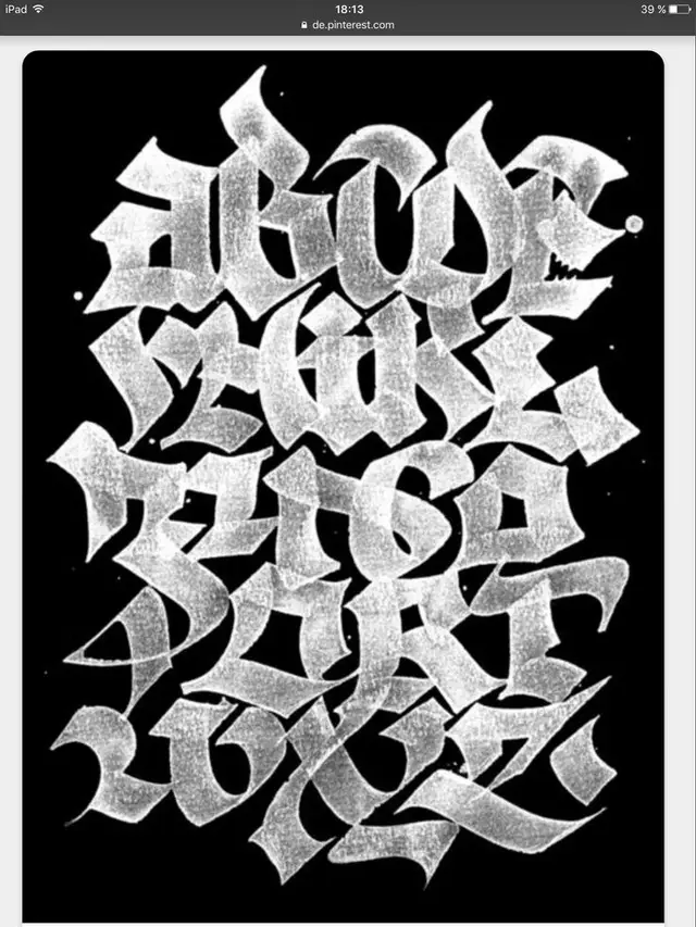 White spray-textured blackletter alphabet poster on black background (Pinterest screenshot