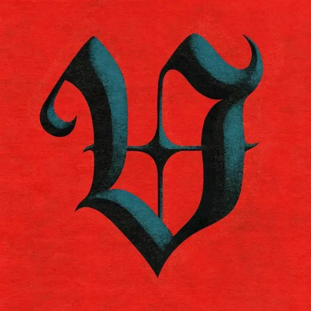 Blackletter V monogram with teal shading on red textured background