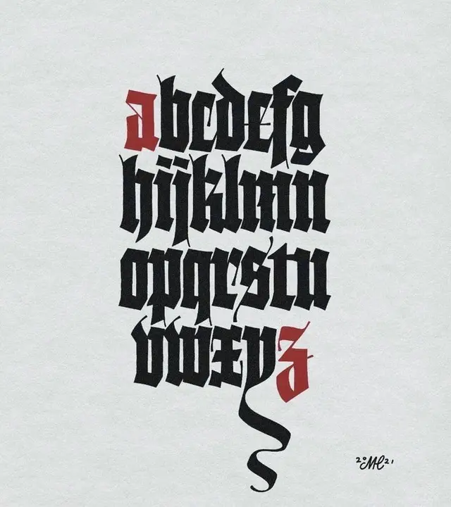 Hand-lettered blackletter lowercase alphabet with red 'a' and 'z' accents