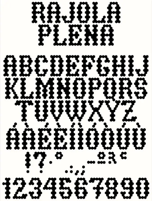 Rajola Plena — modular hex-dot display type specimen