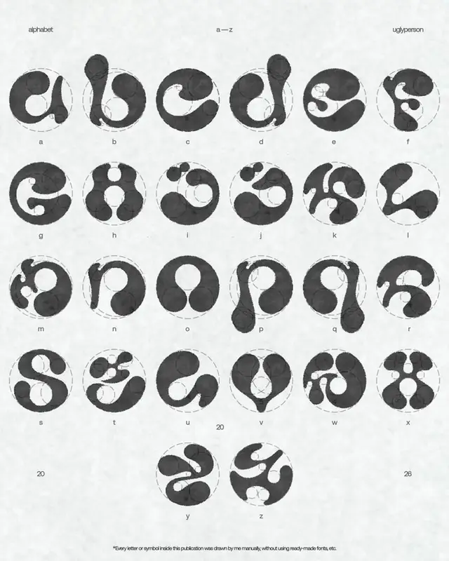 Hand-drawn circular alphabet poster — a–z experimental glyph set
