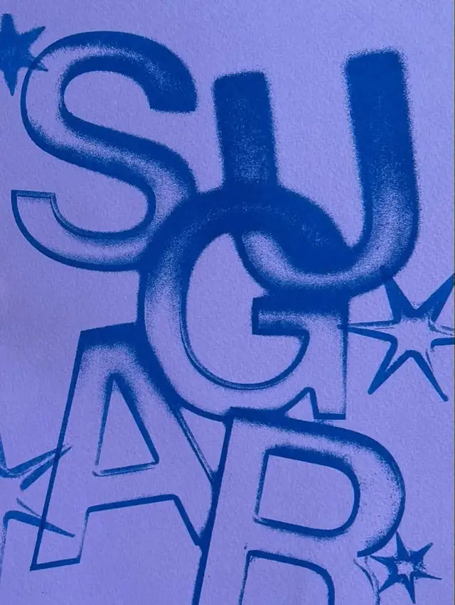 Airbrushed "SUGAR" typographic poster — blue on lavender
