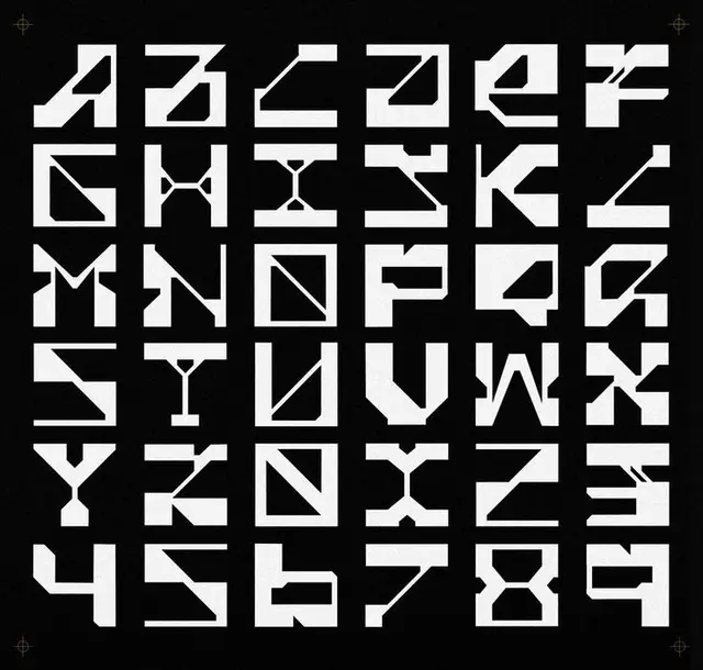 Geometric Stencil Alphabet and Numerals — High-Contrast Grid
