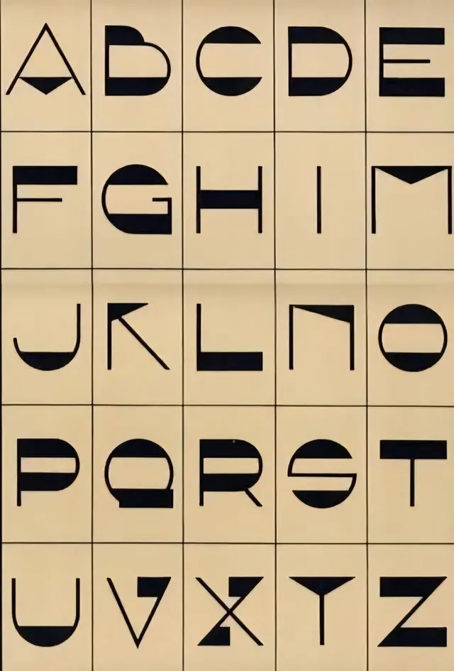 Geometric stencil alphabet poster — black on beige grid