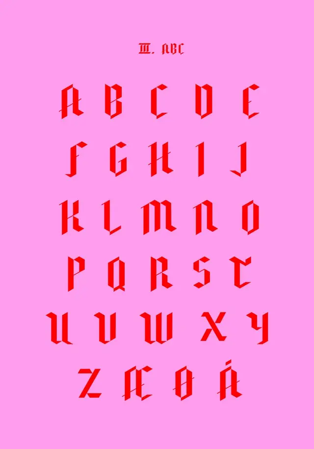 Red blackletter alphabet specimen on pink poster