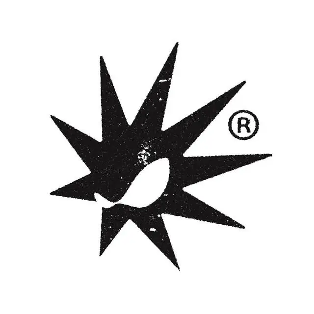 Distressed black starburst logo with eye-shaped negative space and ® mark