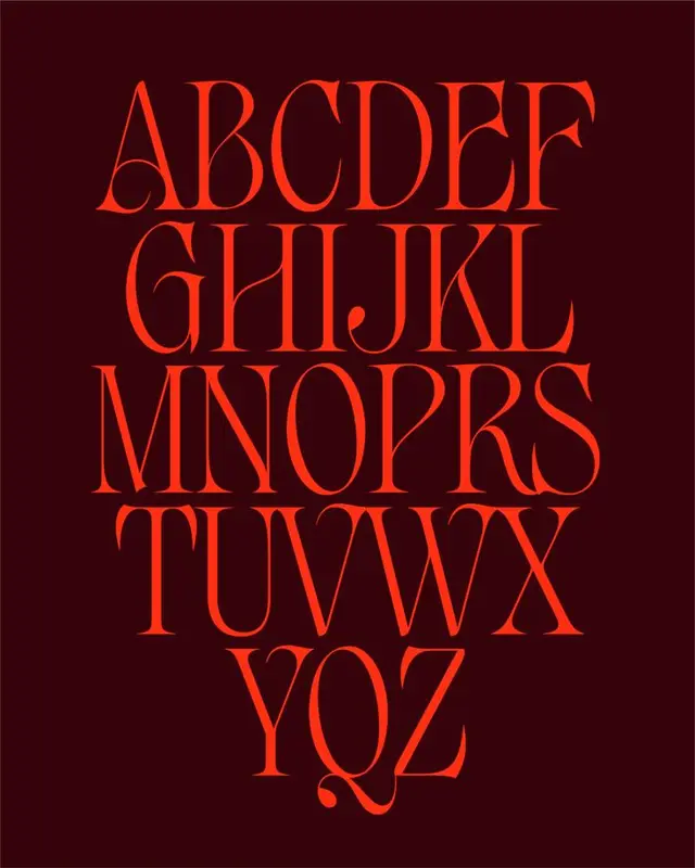 High-Contrast Display Serif Alphabet Poster — Red-Orange on Burgundy