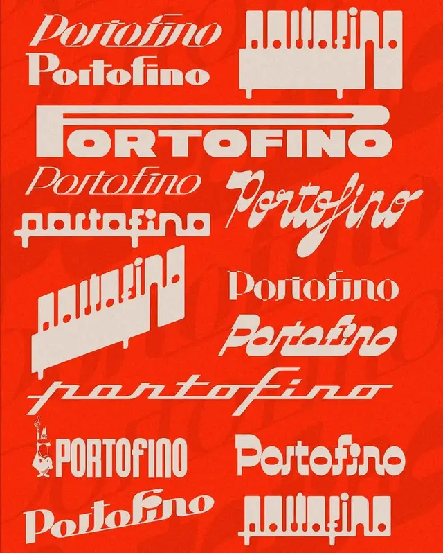 Portofino logotype specimen — red poster with cream type treatments
