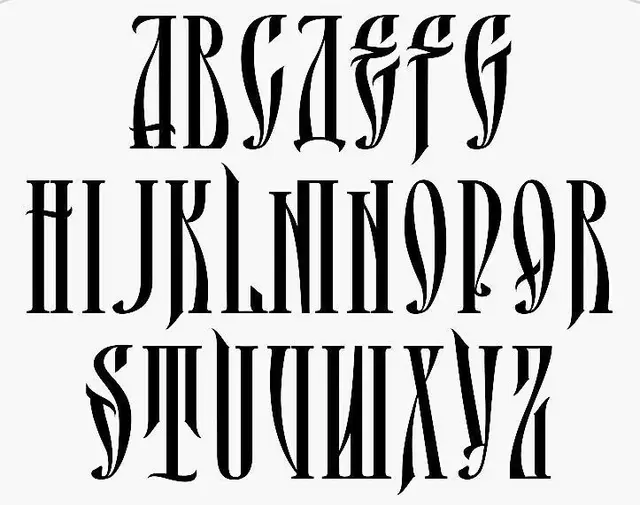 Condensed blackletter-inspired uppercase alphabet specimen