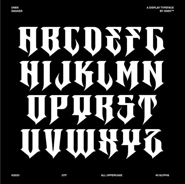 ONEK DAGGER — white blackletter display typeface specimen poster