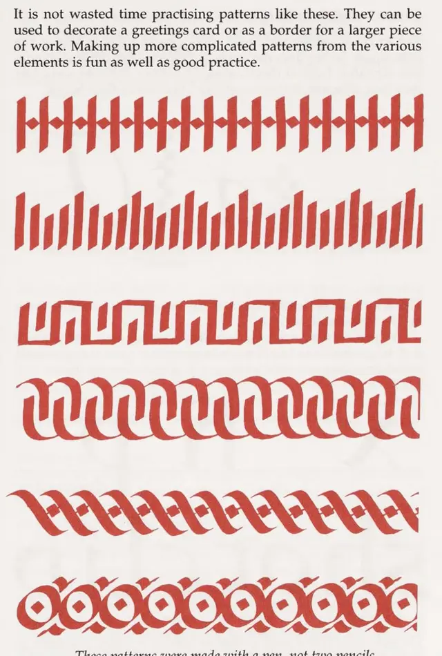 Vintage calligraphy practice page with red repeating border motifs
