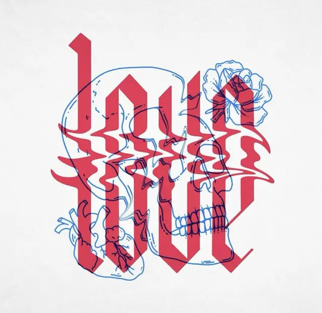 Blue line-art skull and heart overlaid with distorted red Gothic lettering