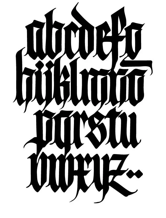 Hand-lettered blackletter lowercase alphabet — black ink on white paper