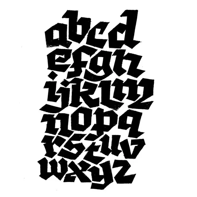 Hand-lettered blackletter lowercase alphabet — distressed ink poster