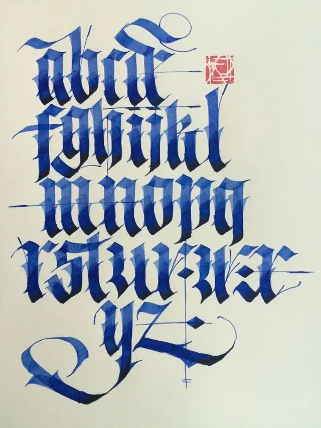 Blue Blackletter Calligraphy: Lowercase Alphabet on Paper