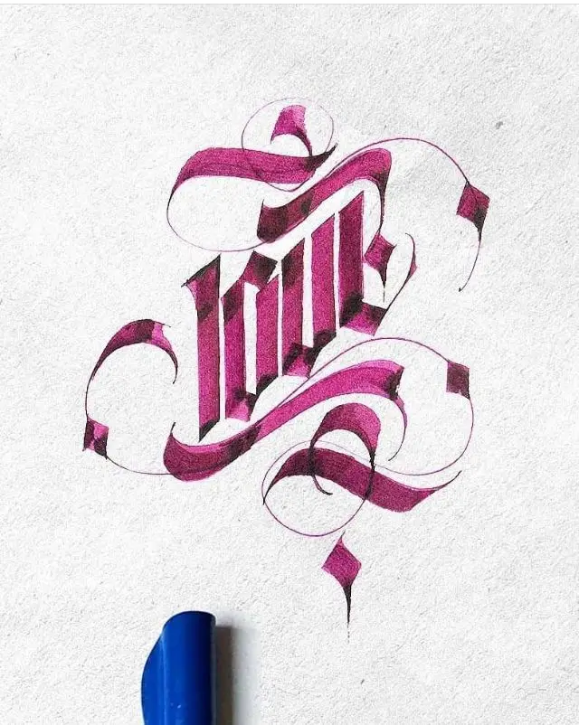 Magenta blackletter calligraphy with ribbon flourishes on textured paper