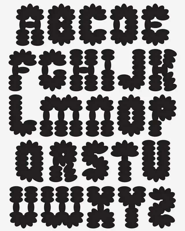 Scalloped petal uppercase alphabet — black silhouette poster